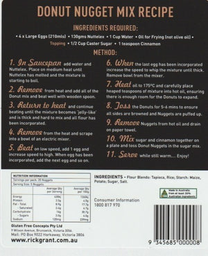 Donut Nuggets Mix — back of pack recipe and nutrition