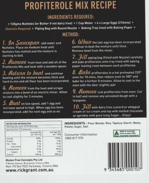 Profiterole Mix — back of pack recipe and nutrition