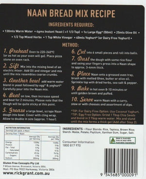 Naan Bread Mix — back of pack recipe and nutrition